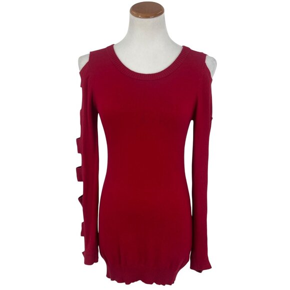 Vtg 90s Y2K F21 Red Angora Cold Shoulder Caged Ladder Sweater | Grunge Baddie S - Picture 2 of 16